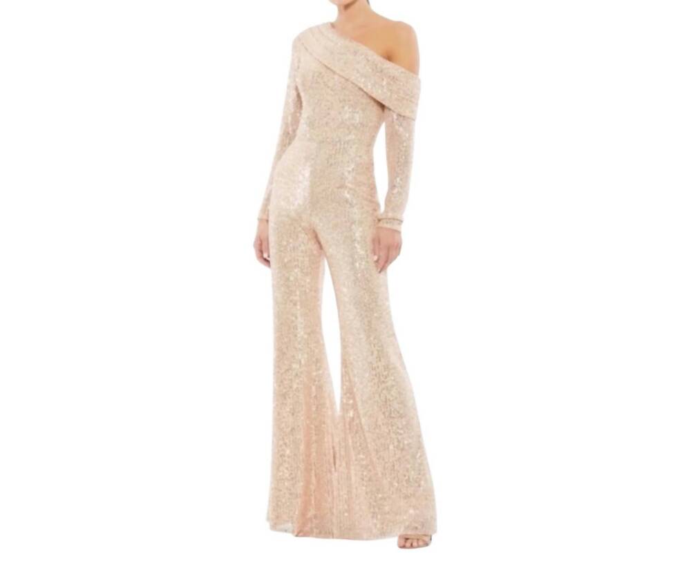 NEW MAC DUGGAL sequin off-shoulder jumpsuit in rose gold